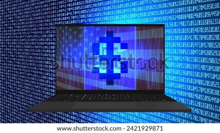 Vector 3D symbol of digital dollar of United States of America. Bright glowing high technology financial poster. Mobile computer. Cyber economic virtual space.