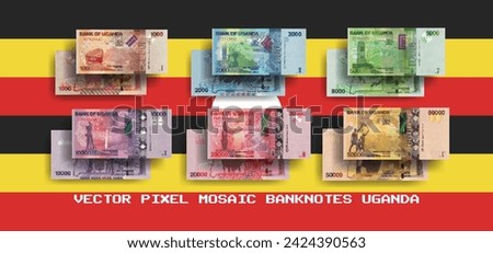 Vector set of pixel mosaic banknotes of Uganda. Collection of notes in denominations of 1000, 2000, 5000, 10000, 20000 and 50000 shillings. Obverse and reverse. Play money or flyers.