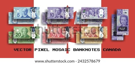 Vector set pixel mosaic banknotes of Canada. Collection notes of 5, 10, 20, 50 and 100 dollars denomination. Obverse and reverse. Play money or flyers.