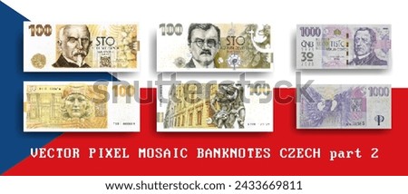 Vector set pixel mosaic banknotes of Czech. Collection notes of 100 and 1000 krone denomination. Obverse and reverse. Play money or flyers. Part 2