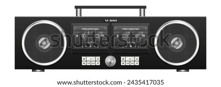 Vector dark portable vintage stereo tape recorder with two cassette decks and speakers in a modern design. Audio recording device. Retro music gadget. White isolated background.