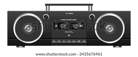 Vector dark portable vintage stereo tape recorder with cassette deck and speakers in a modern design. Audio recording device. Retro music gadget. White isolated background.