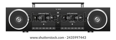 Vector black portable vintage stereo tape recorder with cassette decks and speakers in a modern design. Audio recording device. Retro music mobile gadget. White isolated background.