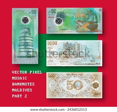 Vector pixel mosaic banknote of Maldives. Note in denominations of 50, 5000 rufiyaa 2015. Play money or flyers. Obverse and reverse. Part 2