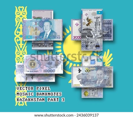 Vector set of pixel mosaic banknotes of Kazakhstan. Collection of bills in denominations of 10000 and 20000 tenge. Play money or flyers. Obverse and reverse. Part 3