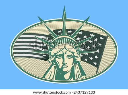 Vector patriotic green american oval graphic sticker or badge. The head of the Statue of Liberty against the background of a stylistic flying US flag. Great world architectural landmark.