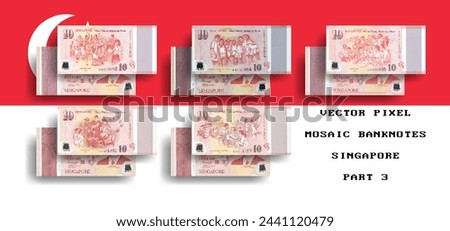 Vector set of pixel mosaic banknotes of Singapore. Collection of notes in denominations of 10 dollars 2015. Obverse and reverse. Play money or flyers. Part 3