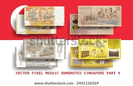 Vector set of pixel mosaic banknotes of Singapore. Collection of notes in denominations of 20 and 50 dollars. Obverse and reverse. Play money or flyers. Part 4