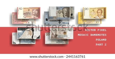 Vector set of pixel mosaic banknotes of Poland. Collection of notes in denominations of 10, 19 and 20 zloty. Obverse and reverse. Play money or flyers. Part 2