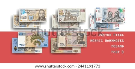 Vector set of pixel mosaic banknotes of Poland. Collection of notes in denominations of 20 zloty. Obverse and reverse. Play money or flyers. Part 3