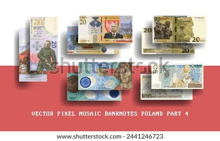 Vector set of pixel mosaic banknotes of Poland. Collection of notes in denominations of 20 and 50 zloty. Obverse and reverse. Play money or flyers. Part 4