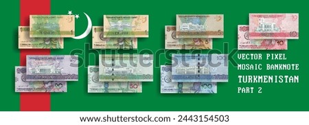 Vector set pixel mosaic banknotes of Turkmenistan. Collection notes in denominations of 1, 5, 10, 20, 50 and 100 manat. Obverse and reverse. Play money or flyers. Part 2