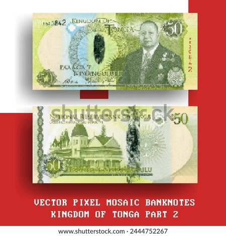 Vector pixel mosaic banknote of Kingdom of Tonga. Note in denominations of 50 paanga. Obverse and reverse. Play money or flyers. Part 2