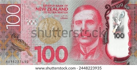 Vector obverse of high poly pixel mosaic 100 dollars New Zealand banknote. Flyer or game money. NZD