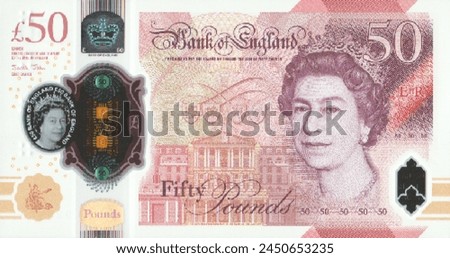 Vector obverse high poly pixel mosaic polymer banknote of Great Britain or England. Denominations of bill 50 pounds 2020. Game money of flyer.