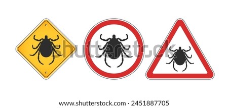 Vector set of information and warning signs. Black silhouette of a tick. Circle, triangle and rhombus. Collection of road signs. White isolated background.