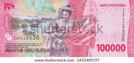 Vector reverse high poly pixel mosaic banknote of Indonesia. Denominations of bill 100000 rupiah 2022. Game money of flyer. Part 2