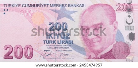 Vector obverse high polygonal pixel mosaic banknote of Turkey. Front side. Denominations of bill 200 lira. Game money of flyer.