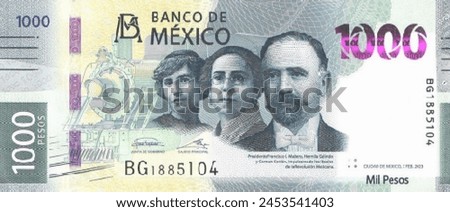 Vector obverse high polygonal pixel mosaic banknote of Mexico. Front side. Denominations of bill 1000 pesos. Game money of flyer.