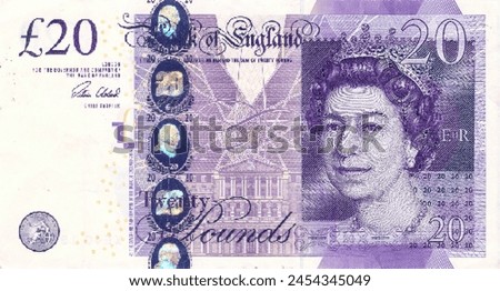 Vector obverse high polygonal pixel mosaic banknote of United Kingdom or England. Front side. Denominations of bill 20 pounds 2018. Game money of flyer.