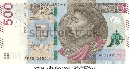 Vector obverse high polygonal pixel mosaic banknote of Poland. Front side. Denominations of bill 500 polish zloty. Game money of flyer.