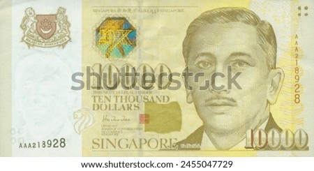 Vector obverse high polygonal pixel mosaic banknote of Singapore. Front side. Denominations of bill 10000 dollars 1999. Game money of flyer.