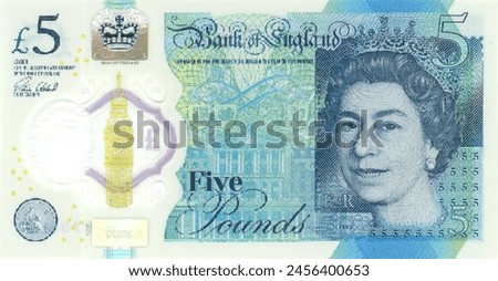 Vector obverse high polygonal pixel mosaic banknote of United Kingdom or England. Front side. Denominations of bill 5 pounds. Game money of flyer.
