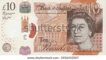 Vector obverse high polygonal pixel mosaic banknote of United Kingdom or England. Front side. Denominations of bill 10 pounds. Game money of flyer.