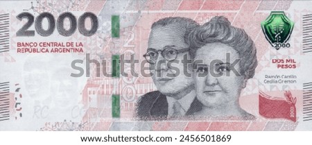 Vector obverse high polygonal pixel mosaic banknote of Argentina. Front side. Denominations of bill 2000 pesos. Game money of flyer.