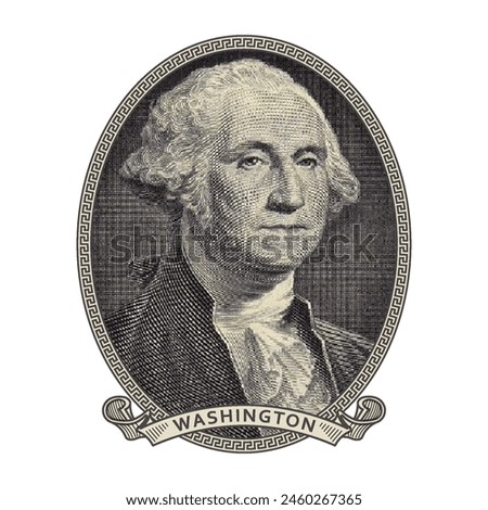 Vector high pixel mosaic portrait of the first US President Washington in an oval and with a ribbon. White isolated background.
