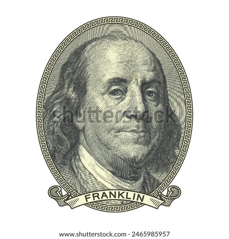 Vector high pixel mosaic portrait of Benjamin Franklin in an oval and with a ribbon. Sticker or badge. White isolated background.