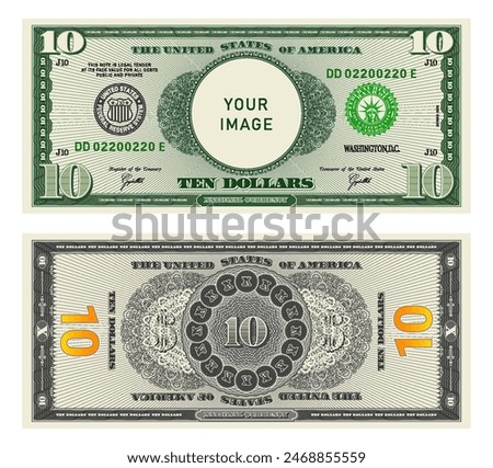Vector highly detailed fictional beautiful 10 US dollar banknote. Obverse and reverse of American bill with guilloche patterns. Empty circle in center. Sample, your image. Ten dollars.