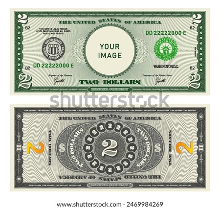 Vector highly detailed fictional beautiful 2 US dollar banknote. Obverse and reverse of American bill with guilloche patterns. Empty circle in center. Sample, your image. Two dollars.