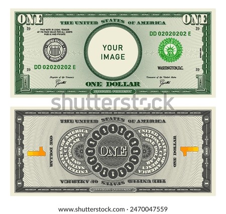 Vector highly detailed fictional beautiful 1 US dollar banknote. Obverse and reverse of American bill with guilloche patterns. Empty circle in center. Sample, your image. One dollar.