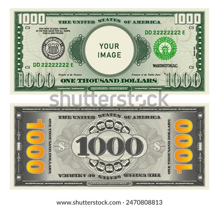 Vector highly detailed fictional beautiful 1000 US dollar banknote. Obverse and reverse of American bill with guilloche patterns. Empty circle in center. Sample, your image. One thousand dollars.