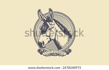 Vector graphic sticker cute donkey. Badge engraving portrait of a kind cuddly domestic artiodactyl animal. Pet head in vintage style. Light background.