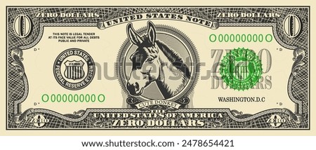 Obverse of fictional paper banknote with denomination of zero dollars. Vintage US money with security elements and guilloche mesh. Cash with nothing value. Portrait of cute Donkey