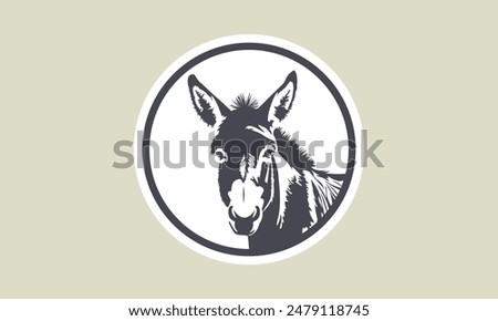 Vector black and white sticker with an eared cute donkey head in a circle. Cuddly portrait. Logo, badge, stencil or emblem.