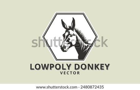 Vector hexagon black and white simple logo. Inscription, low poly donkey. Sticker, emblem or icon. Zoo badge. Sweet burro.