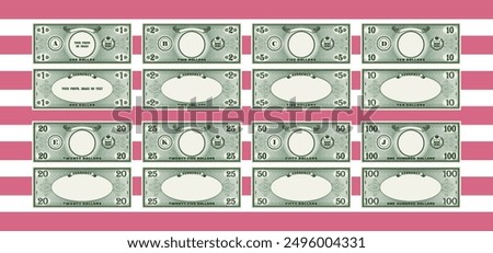 Vector game set of classic banknotes of 1, 2, 5, 10, 20, 25, 50 and 100 dollars. Obverse and reverse of green banknotes with empty spaces. Collection of forms or samples. Business and finance. Part 1