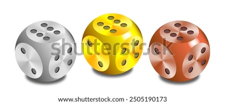 Vector 3d set of gaming metal dice. Gold, silver and copper. Gambling, casino. Volumetric cubes collection. White isolated background.