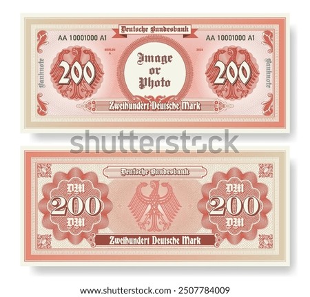 Vector banknote. In German it is written, two hundred German marks and Bundesbank. Symmetrical note, obverse and reverse. Play vintage money with guilloche grid. Berlin finance certificate 200.