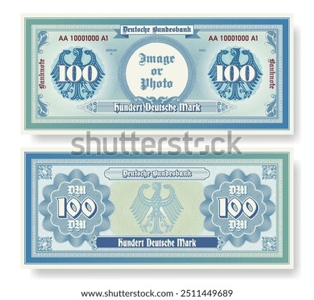 Vector banknote. In German it is written, one hundred German marks and Bundesbank. Symmetrical note, obverse and reverse. Play vintage money with guilloche grid. Berlin finance certificate 100.