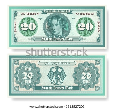 Vector banknote. In German it is written, twenty German marks and Bundesbank. Symmetrical note, obverse and reverse. Play vintage money with guilloche grid. Berlin finance certificate 20.