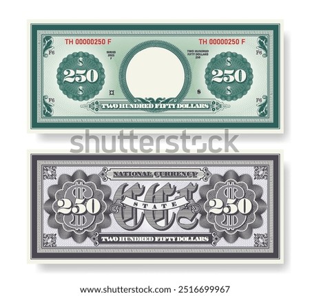 Vector fictional beautiful banknote of 250 dollars. Obverse and reverse of note. Play money with empty circle, guilloche patterns and grid. Blank or sample of certificate. Two hundred fifty.