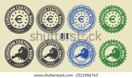 Vector graphic set of financial fictional Europe seals. Collection of round icons with map and stars, inscription European Central Bank. Euro. Emblems or badges.