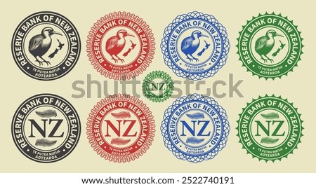 Vector graphic set of financial fictional seals. Collection of round icons with kiwi bird and country map silhouette. Maori inscription means Reserve Bank of New Zealand. Emblem and badges.