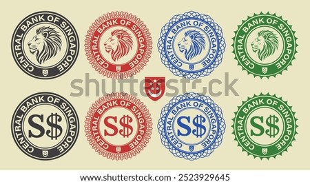 Vector graphic set of financial fictional seals. Collection of round icons with lion head and dollar symbol. Inscription, central bank of singapore. Emblem and badges.