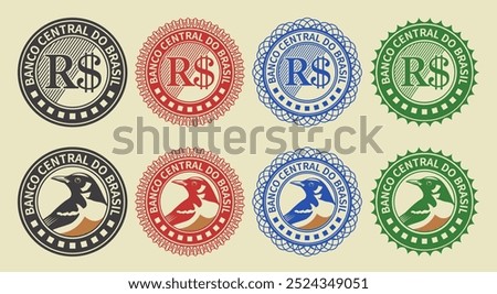 Vector graphic set of financial fictional south american seals. Collection of round icons with brazilian real symbol and red-bellied blackbird, inscription in Portuguese means central bank of Brazil.