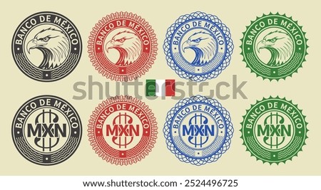 Vector graphic set of financial fictional American seals. Collection of round icons with Mexican peso symbol and eagle head. Spanish inscription means bank of Mexico.